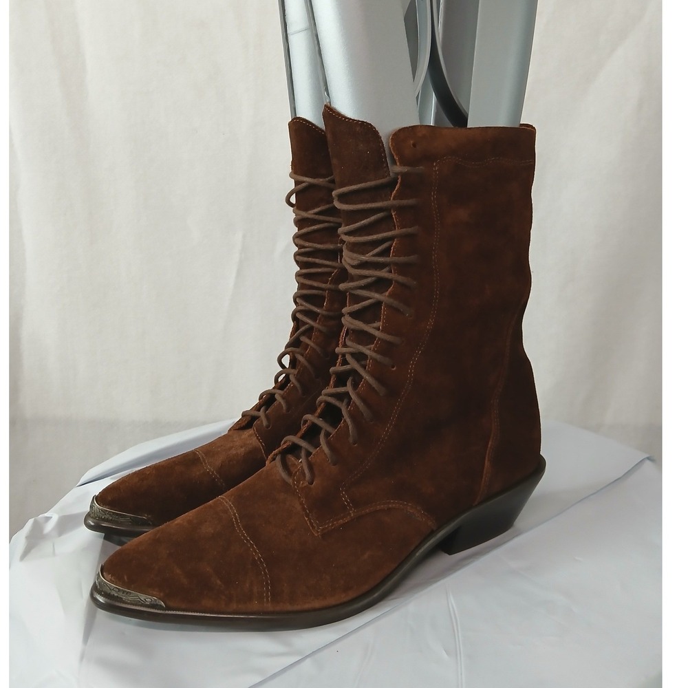 Rare Vintage Dingo Brown Suede Victorian Western Boots Metal Toe‎ Tips Brazil 7M